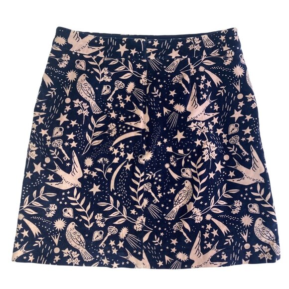 Boden Mimi Velvet Mini Skirt 6 Blue Bird Star Whimsical Print Holiday Festive - Picture 8 of 9